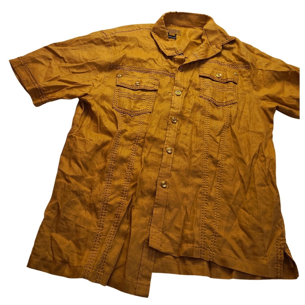 Prestige Original Men's XL Mustard Yellow Embroidered Button Down Shirt Linen